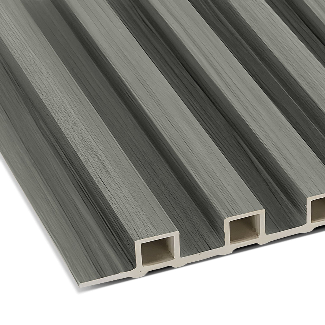 A close-up view of Landmark Decor’s Light Gray WPC Fluted Slat Wall Panel, featuring rectangular hollow channels—ideal for creating modern accent walls.