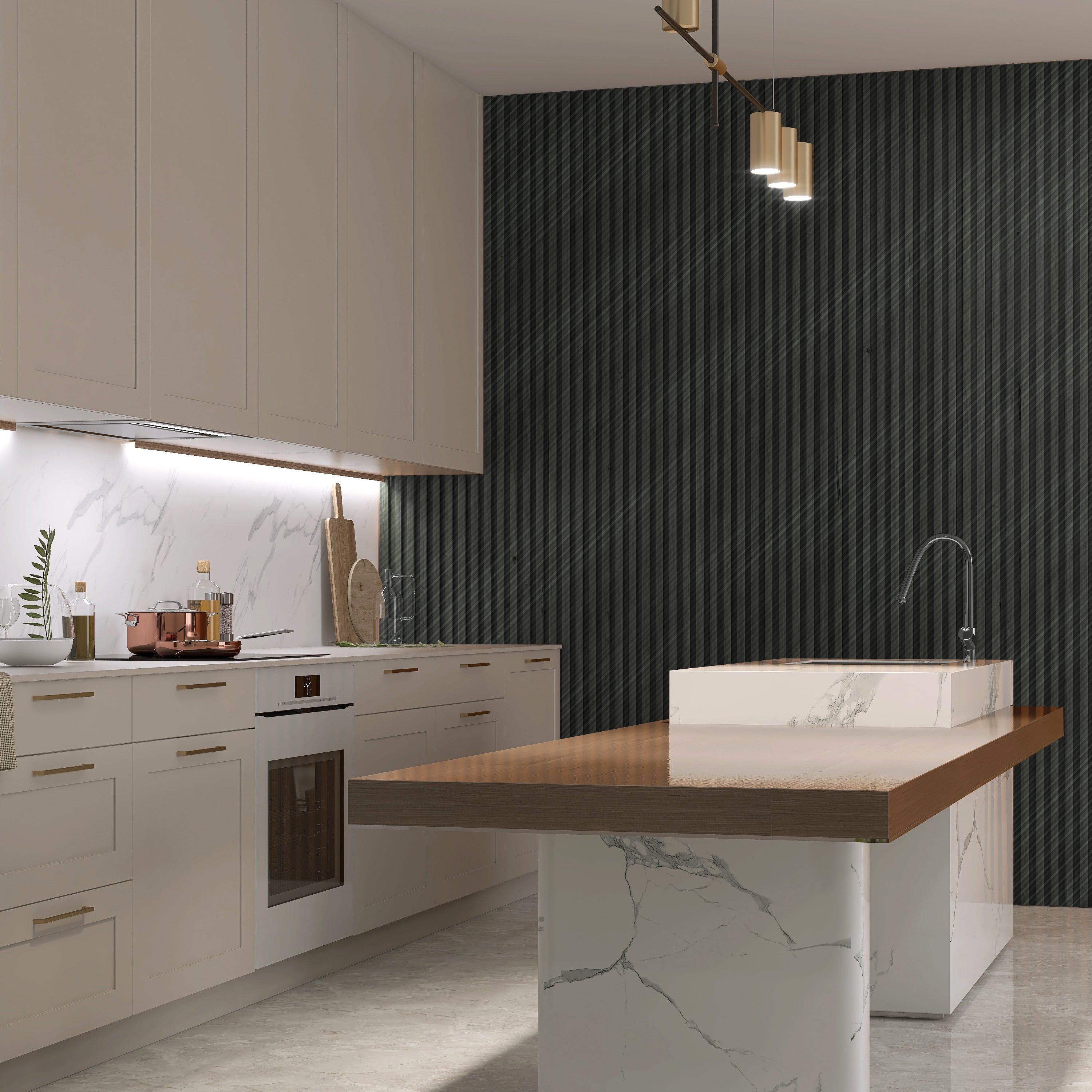 Modern kitchen featuring white cabinets, marble countertops, an integrated sink island, a Landmark Decor Carbon Black with Diagonal Texture WPC Fluted Slat Wall Panel accent wall, and gold pendant lighting.