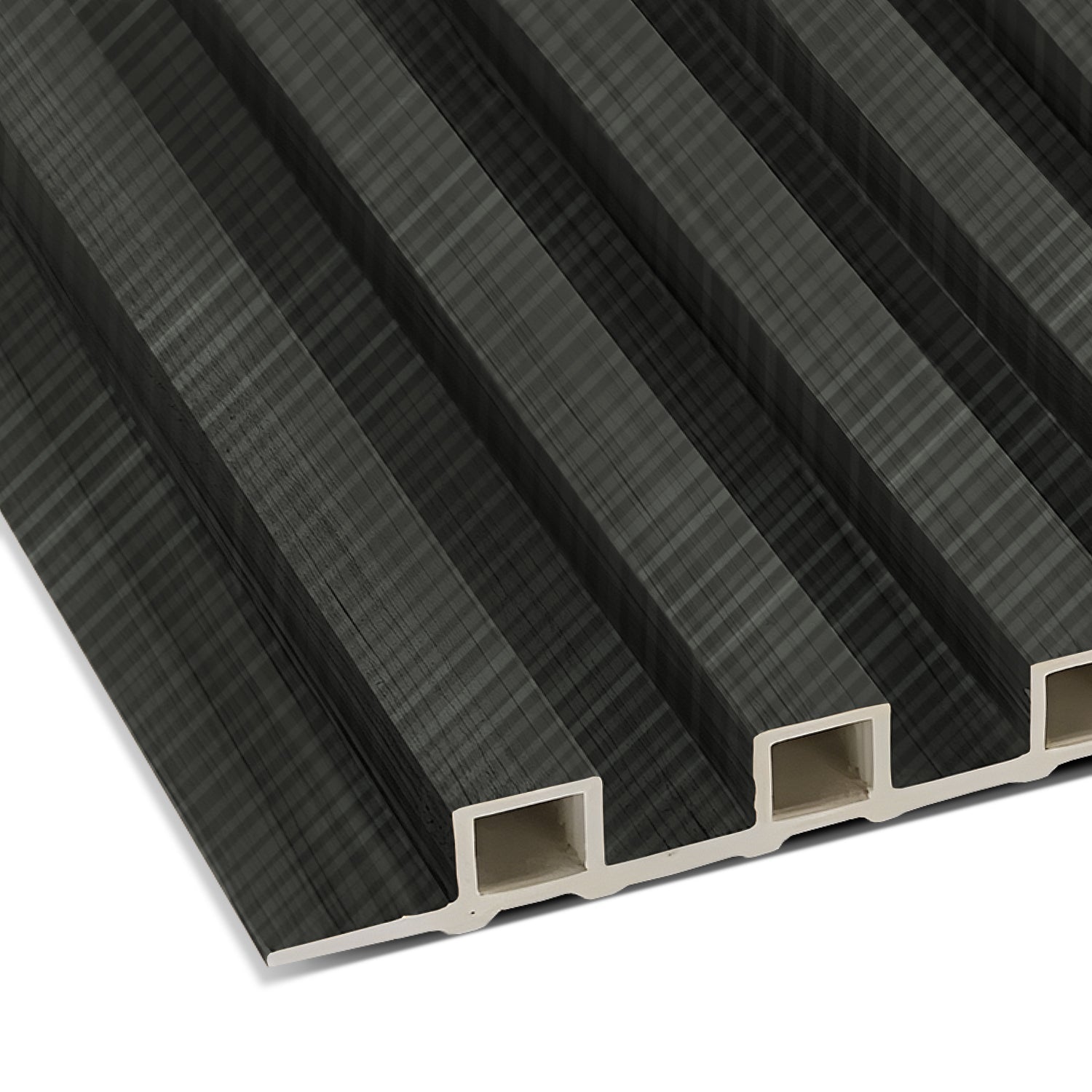 The Landmark Decor Carbon Black with Diagonal Texture WPC Fluted Slat Wall Panel features rectangular hollow sections and angled grooves, ideal for accent walls or cladding, showcasing its textured structure.