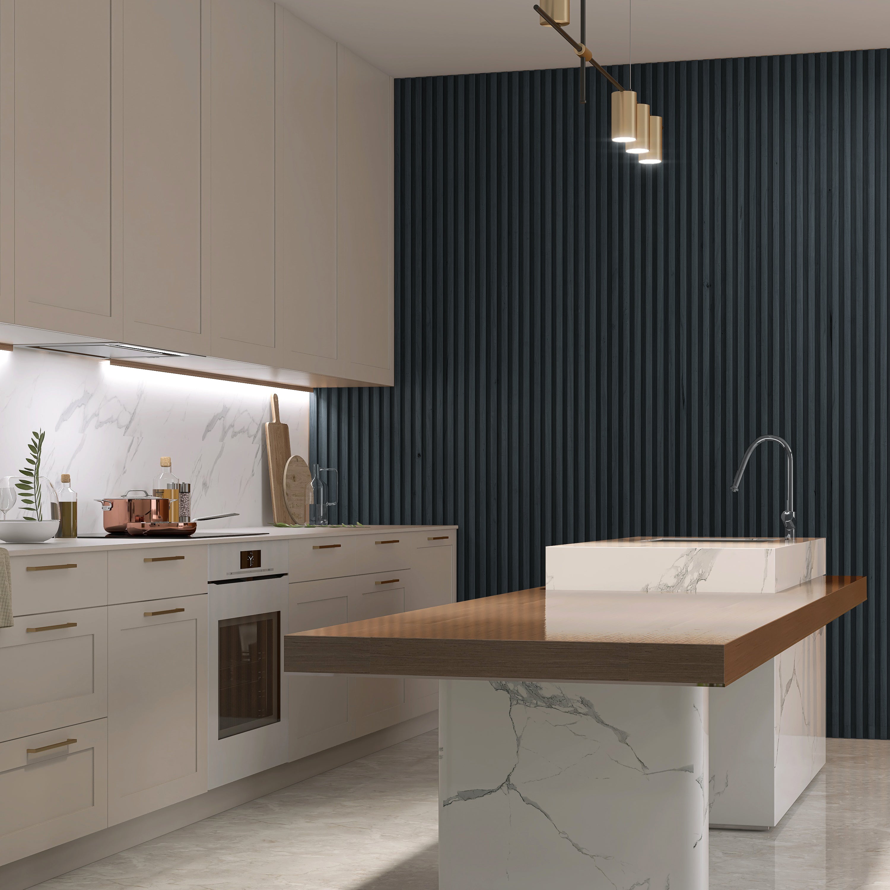Modern kitchen with white cabinets, marble countertops and backsplash, wood accents, island with sink, and a dramatic dark accent wall featuring Landmark Decor’s Space Gray WPC Fluted Slat Wall Panel.