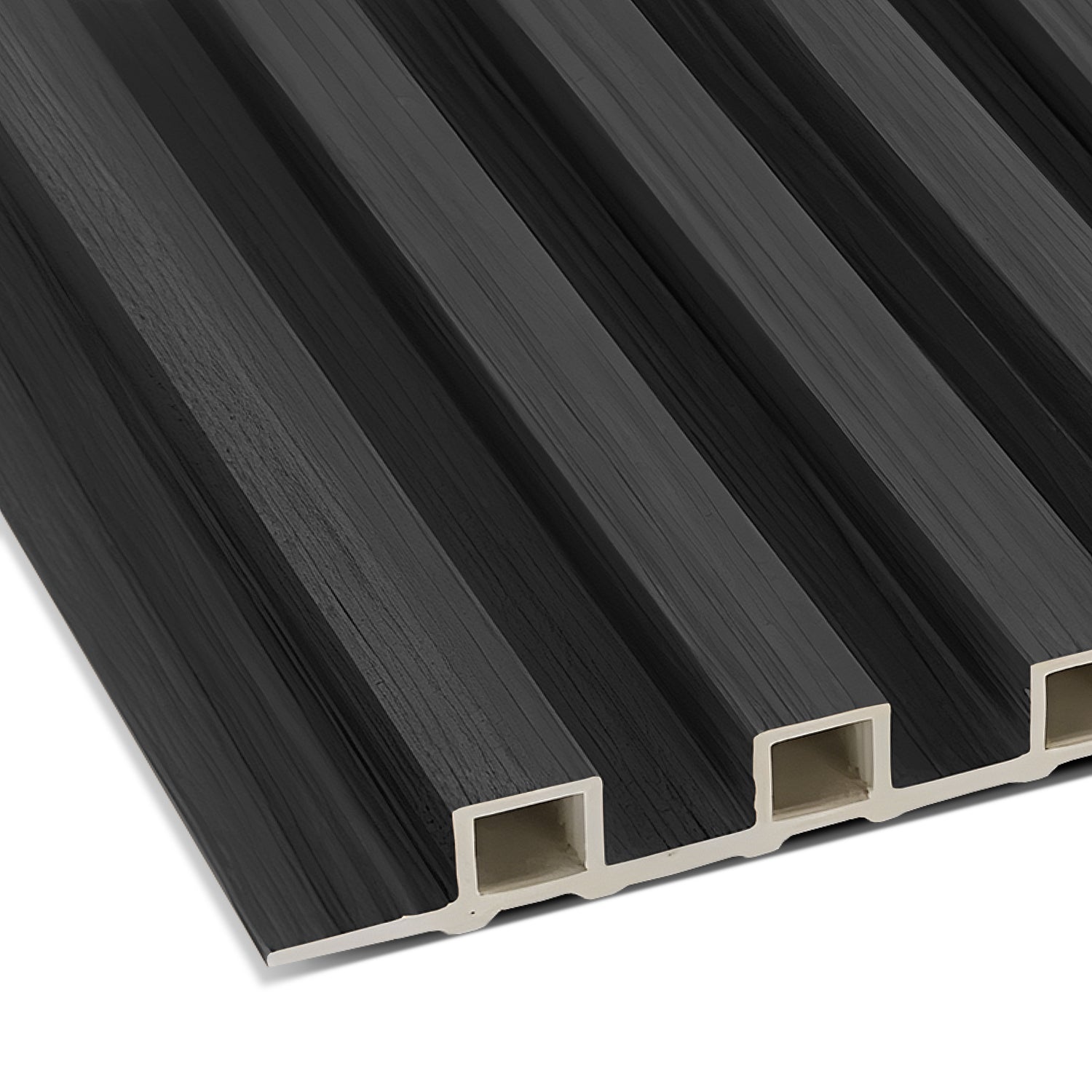 A close-up of the Landmark Decor Black WPC Fluted Slat Wall Panel shows parallel grooves and hollow rectangular sections, perfect for modern accent walls or sleek interior panels.