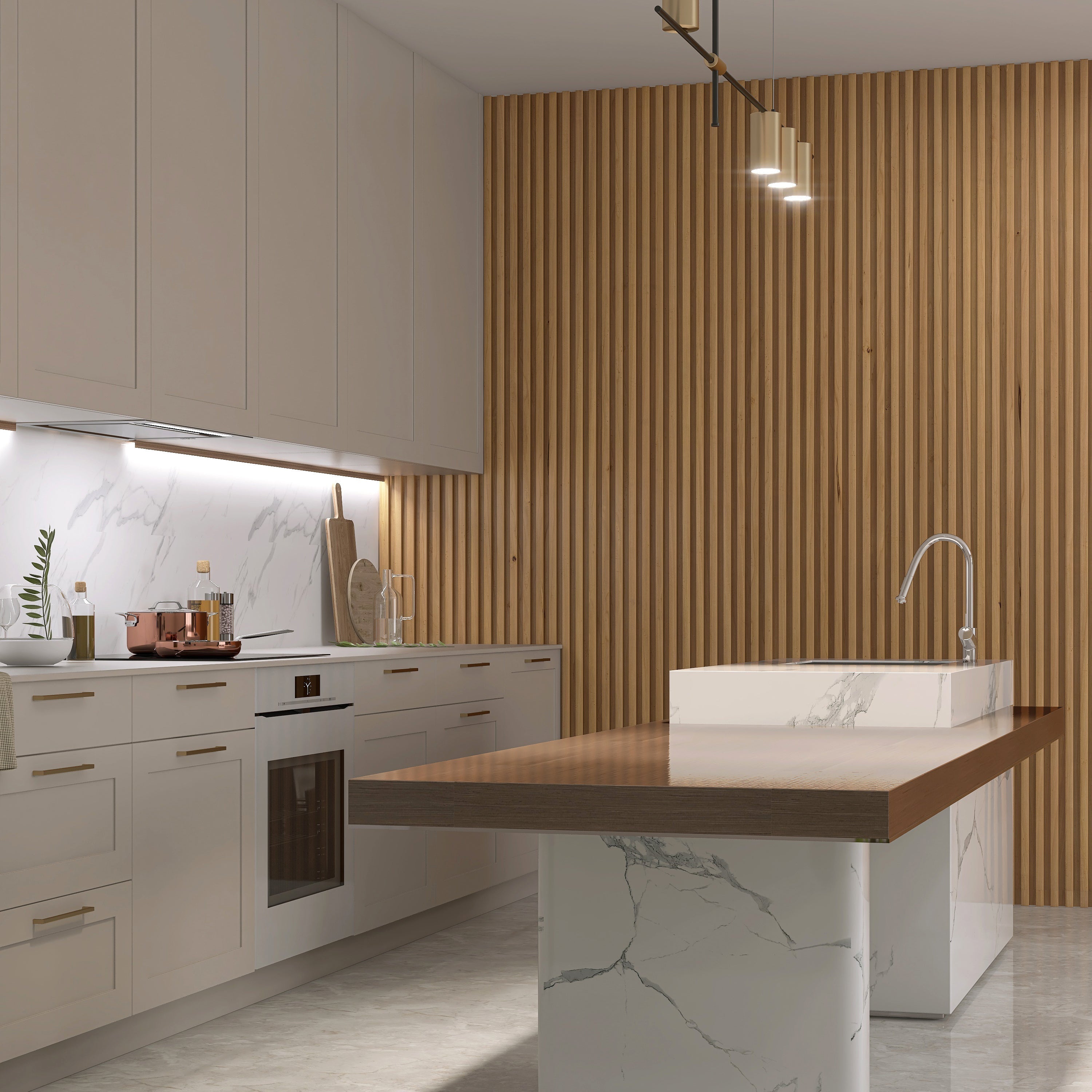Modern kitchen with white cabinets, marble countertops, a built-in oven, and a central island featuring a sink and wooden countertop extension. The wood slat accent wall uses Landmark Decor's Natural Wood Color WPC Fluted Slat Wall Panel.