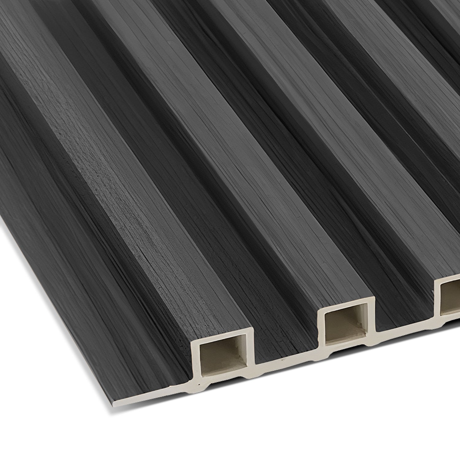 A close-up of the Landmark Decor Dark Gray WPC Fluted Slat Wall Panel featuring a hollow core, perfect for wall cladding or decking.