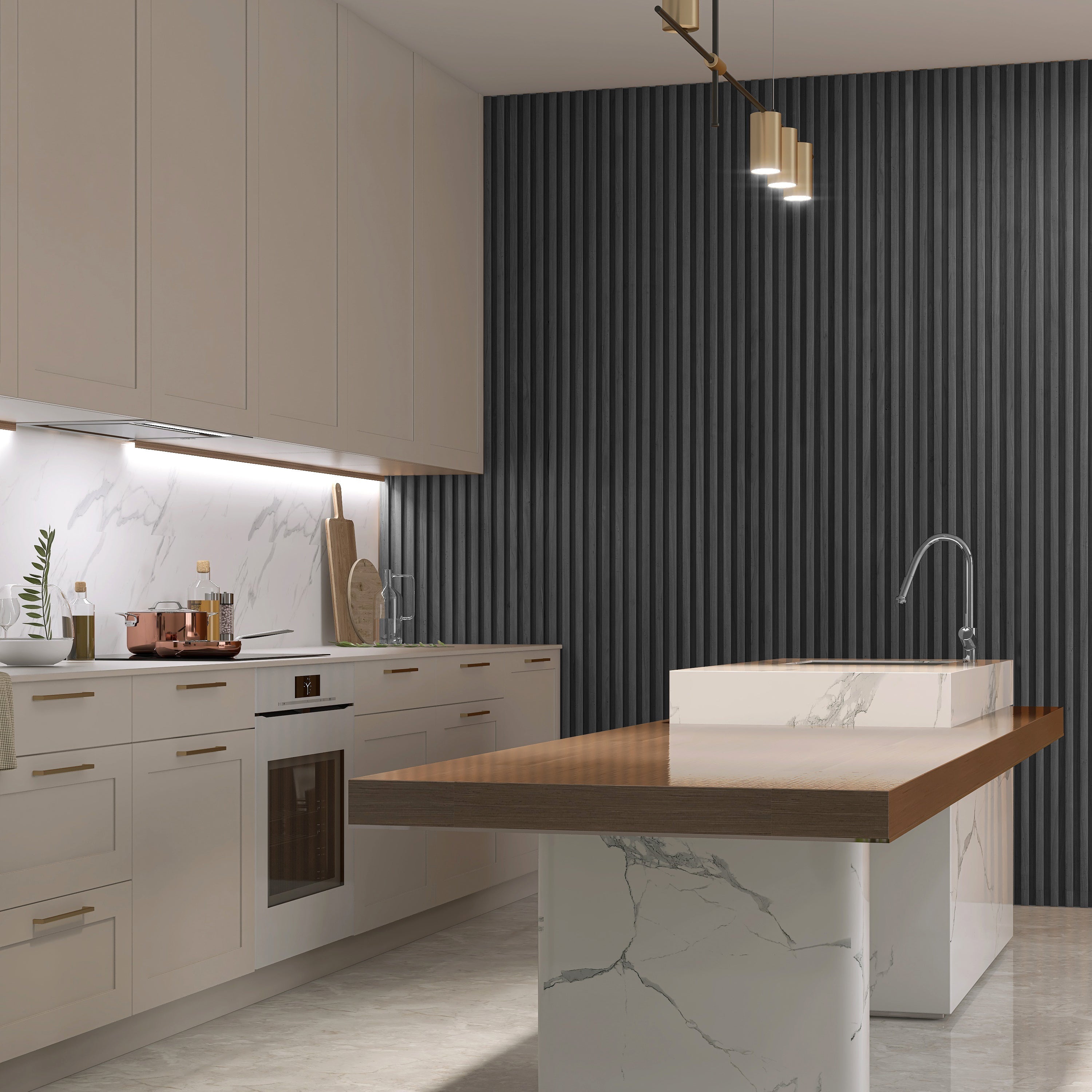 Modern kitchen with white cabinets, marble counters, wood accent island, integrated oven, and a Landmark Decor Dark Gray WPC Fluted Slat Wall Panel as a dramatic accent beneath pendant lights.