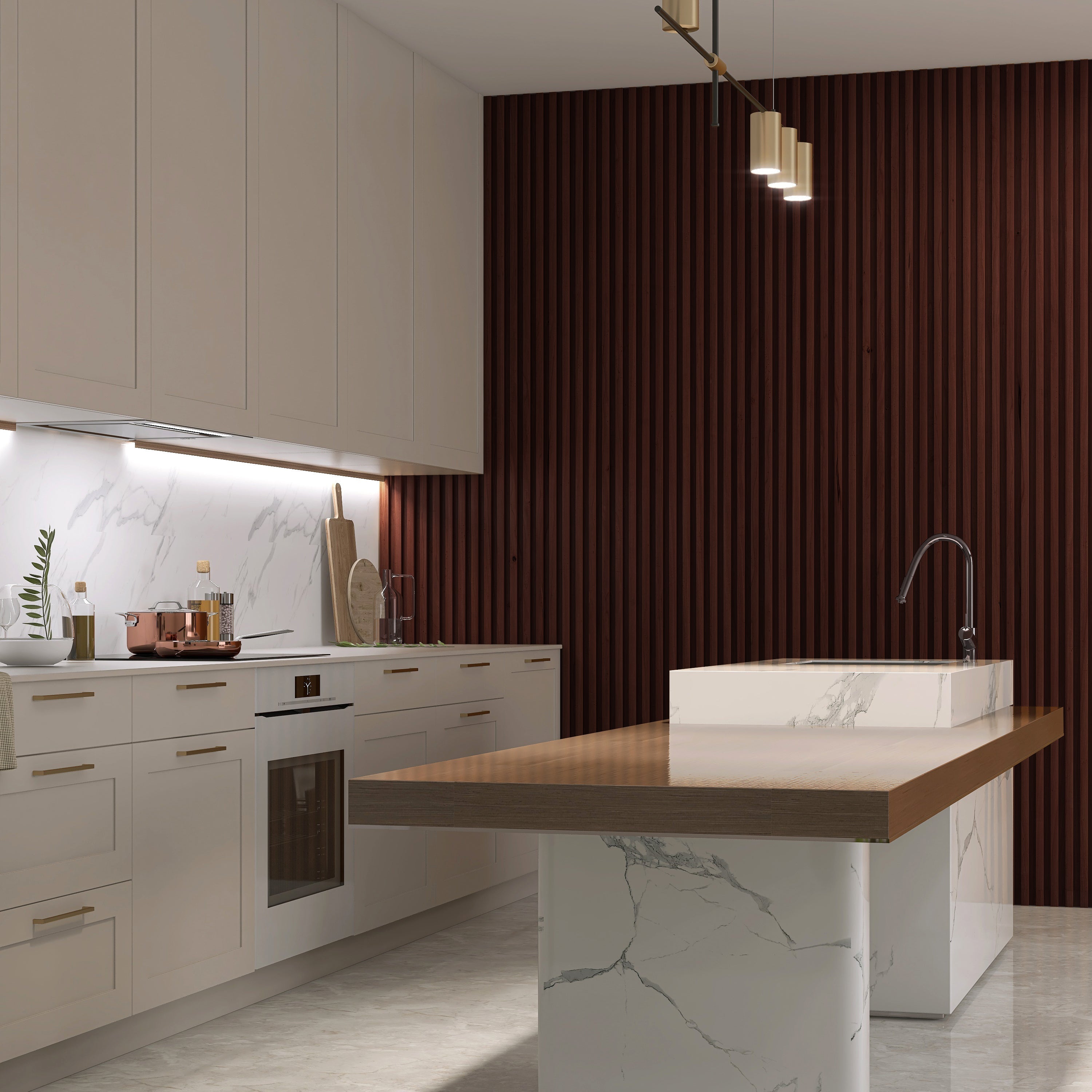 Modern kitchen with white cabinets, marble surfaces, built-in oven, and island with wood countertop. Landmark Decor’s Chocolate brown WPC Fluted Slat Wall Panel creates a striking accent wall behind the workspace.