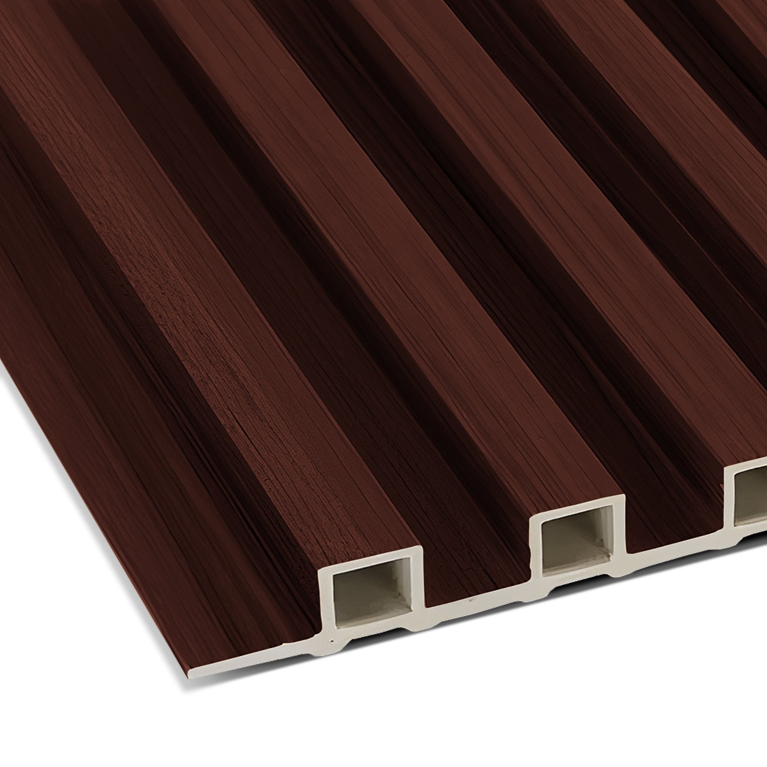 A close-up of the Landmark Decor Chocolate Brown WPC Fluted Slat Wall Panel, featuring white inner channels—perfect for accent walls or wall cladding in modern interiors.