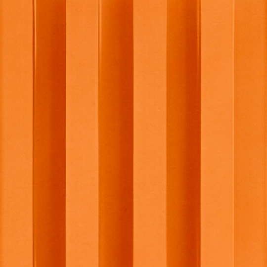 The Landmark Decor Orange WPC Fluted Slat Wall Panel features alternating shadows and highlights for a bold, striped geometric effect.