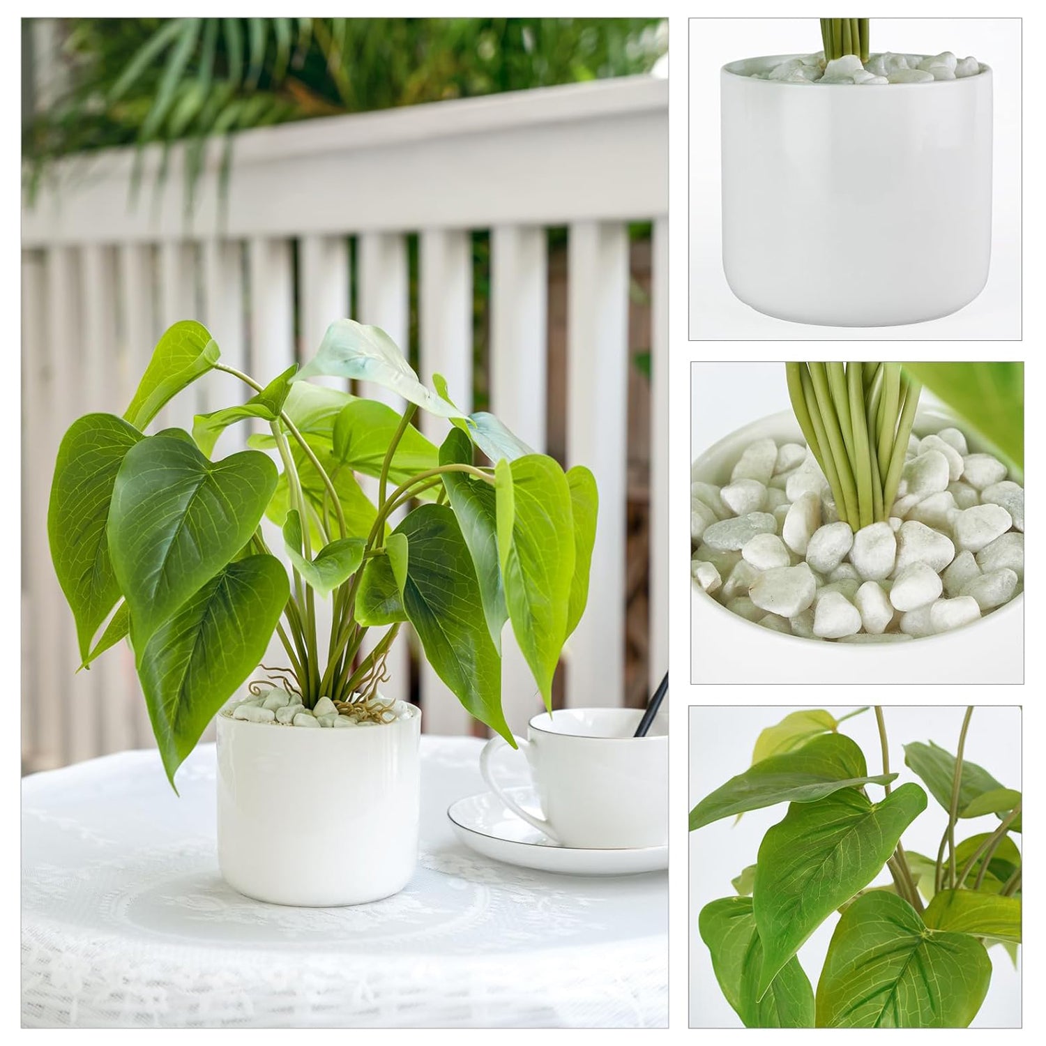 The main image features the Esmerald Heart, a pothos from Landmark Decor, with lush green leaves in a white pot. Side images highlight close-ups of white pebbles and leaf details. A white cup and saucer nearby enhance the indoor plants charm.