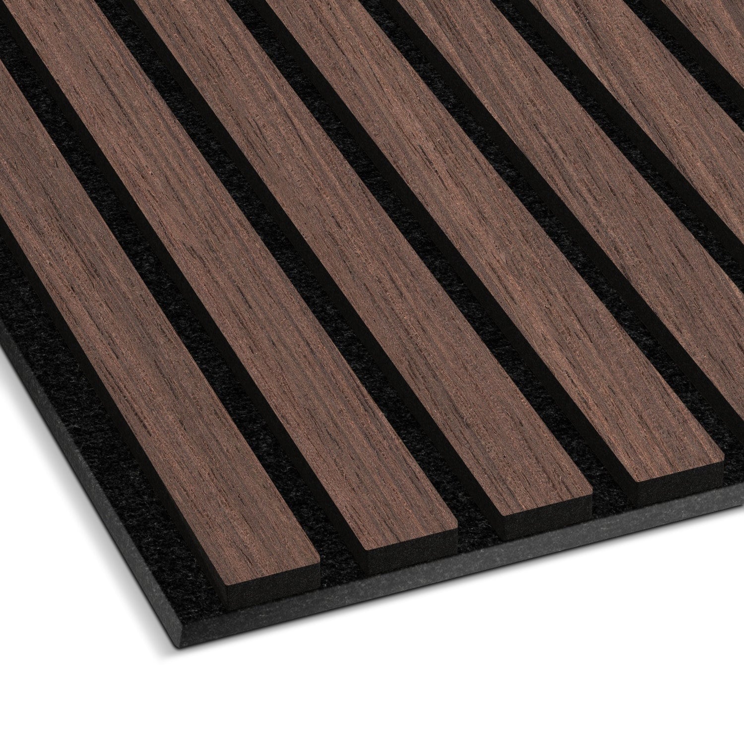 The Landmark Decor Dark Smoke Oak Acoustic Slat Wall Panel features real wood slats on black felt backing, arranged in parallel rows for soundproofing and shown angled against a white background.