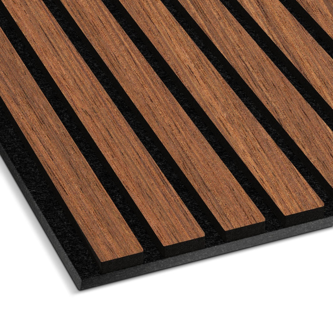 A close-up of Landmark Decor's Light Walnut Acoustic Slat Wall Panel showcases alternating raised brown walnut slats and recessed black strips in a parallel design, ideal for stylish interior spaces.