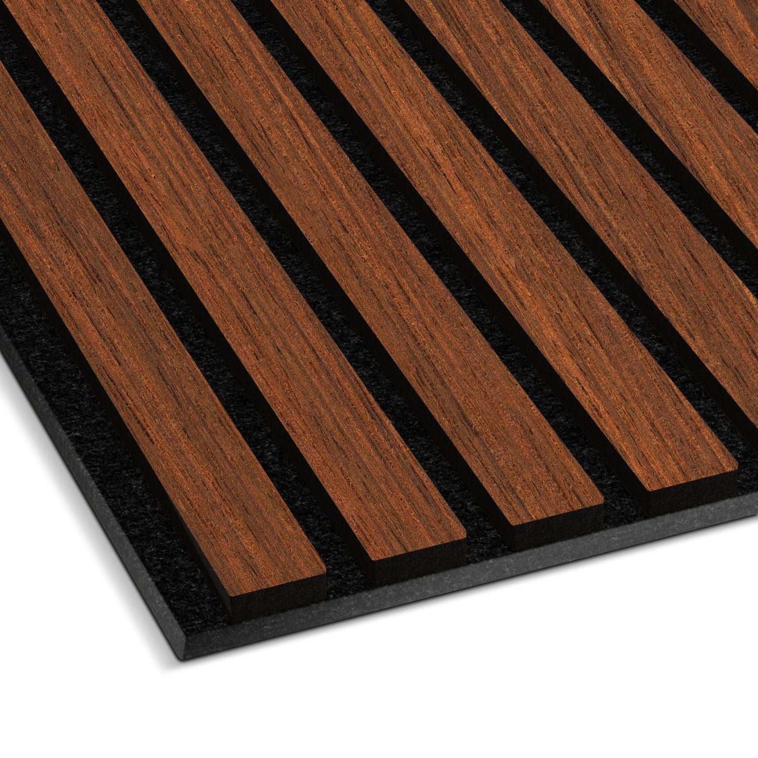 Close-up of the Landmark Decor Dark Walnut Acoustic Slat Wall Panel featuring alternating raised real wood slats and black recessed grooves—ideal for stylish soundproofing in modern interiors.