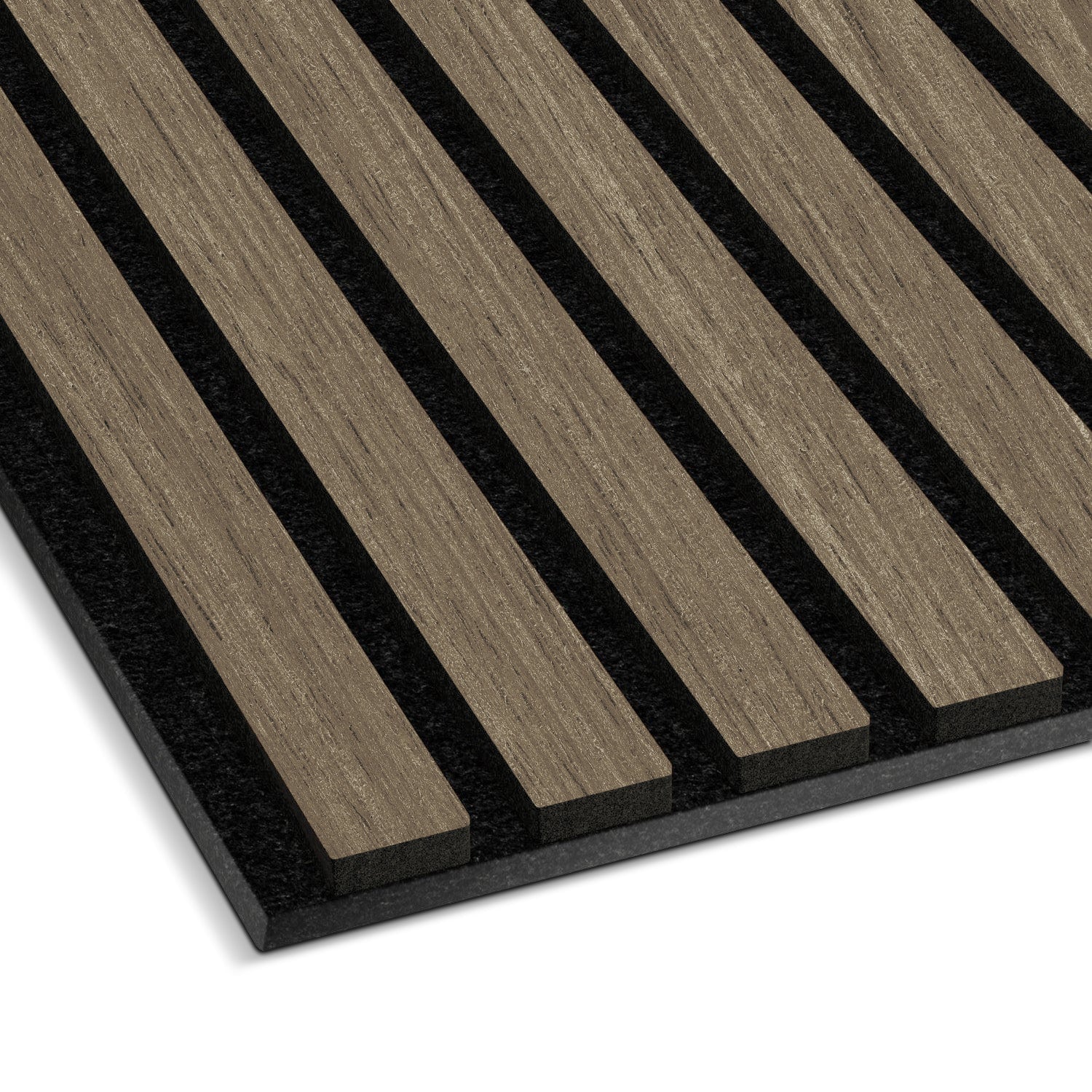 A close-up of the Landmark Decor Walnut Acoustic Slat Wall Panel shows alternating brown wood slats and black felt strips—ideal for stylish interiors and improved soundproofing.