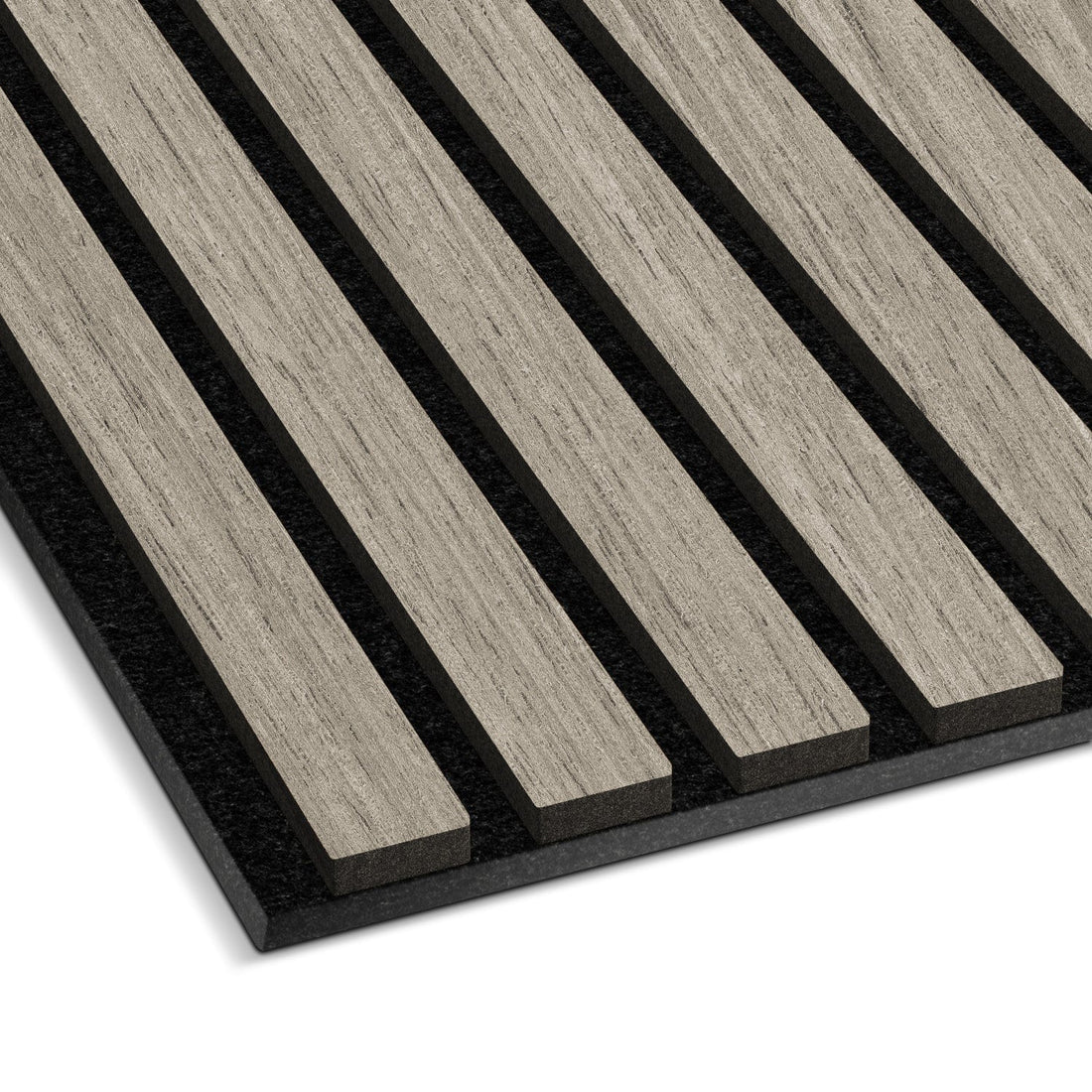 Close-up of Landmark Decor's Light Gray Acoustic Slat Wall Panel, showcasing evenly spaced rectangular wood slats on a black base—an elegant solution for soundproofing and modern interior design.