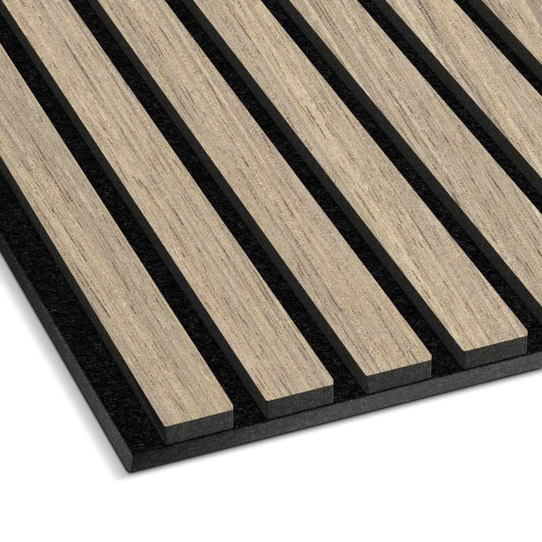 A close-up of the Landmark Decor Light Oak Acoustic Slat Wall Panel, showing evenly spaced wooden slats on black felt—perfect for stylish soundproofing and enhancing modern interior design.