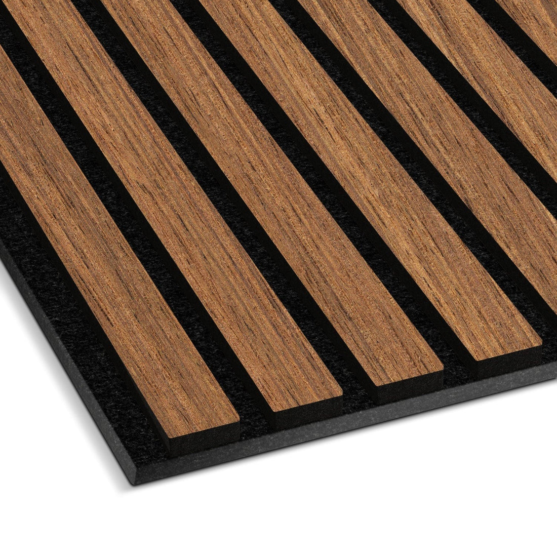 A close-up of the Landmark Decor Light Smoke Oak Acoustic Slat Wall Panel, showcasing alternating light smoke oak slats and black grooves on a black base—ideal for modern interiors and improved soundproofing.