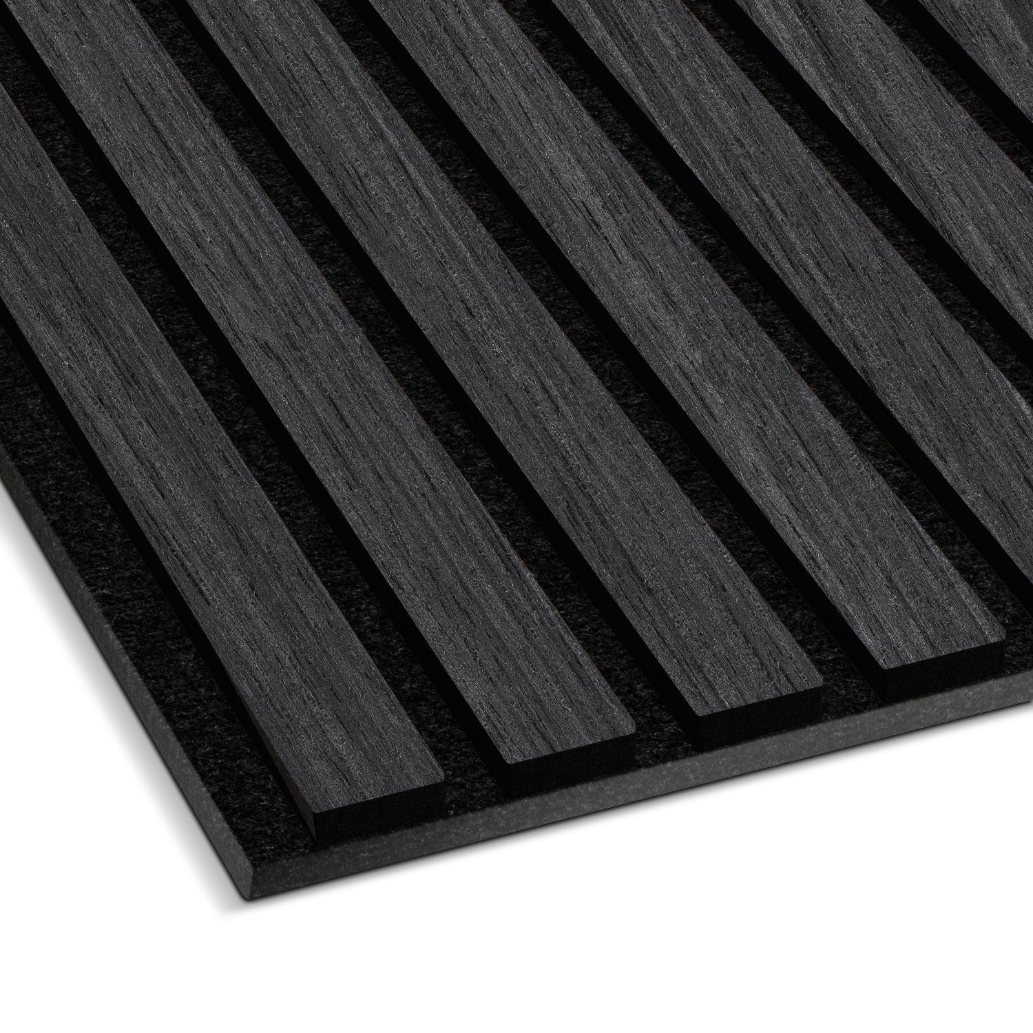 A close-up of the Landmark Decor Van Gogh Acoustic Slat Wall Panel shows black real wood panels with evenly spaced vertical slats on a textured base—an elegant soundproofing solution for modern interiors, photographed on a white background.