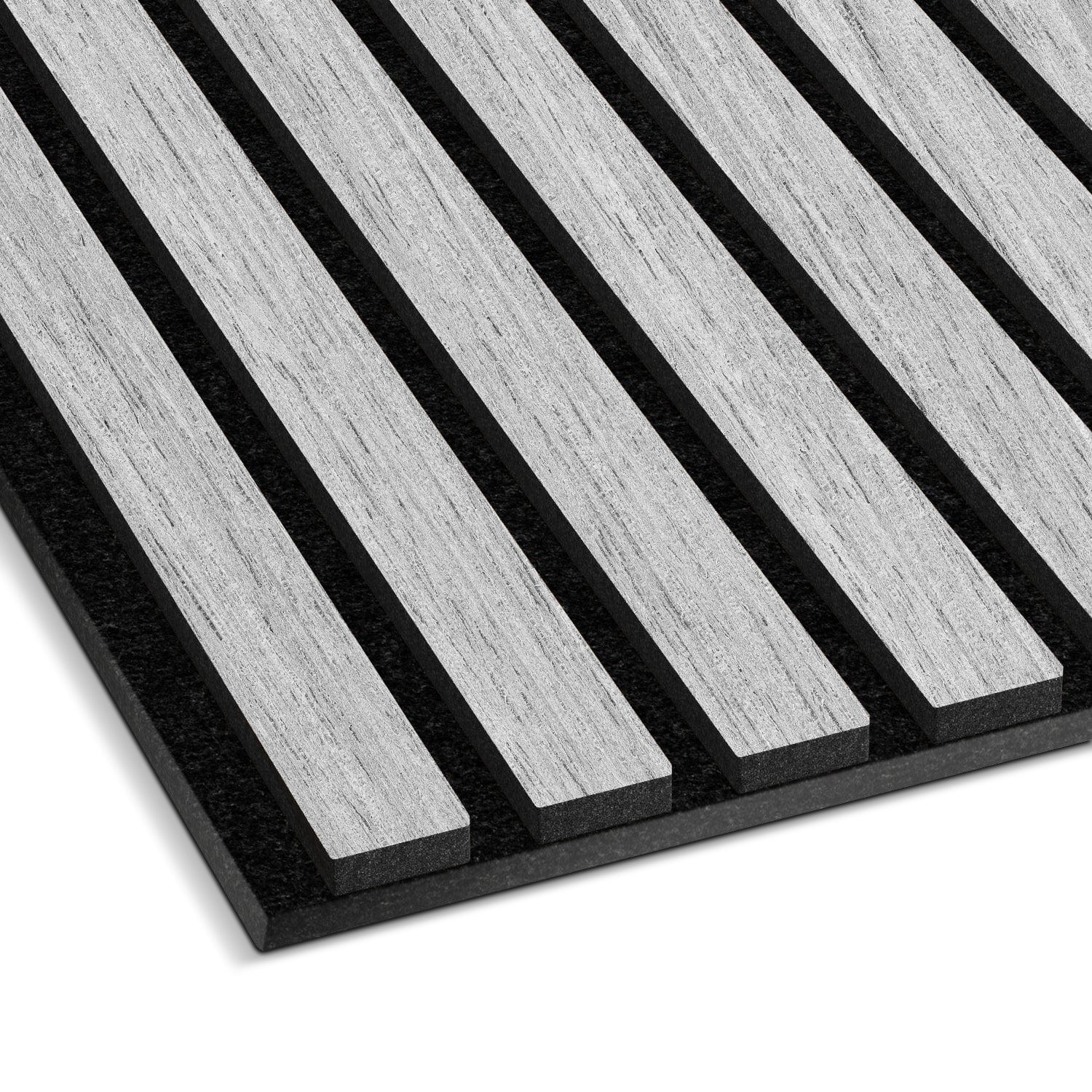 Landmark Decor’s Grey Oak Acoustic Slat Wall Panel features evenly spaced, parallel gray slats on a black background—perfect for soundproofing and adding modern style to any interior.