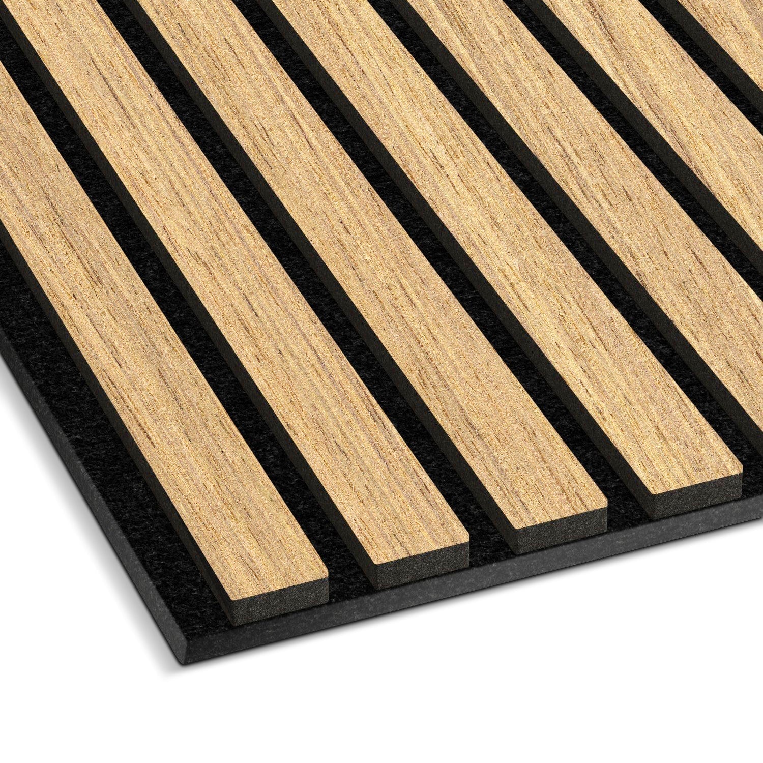 Close-up of Landmark Decor's Natural Oak Wood Color Acoustic Slat Wall Panel, featuring parallel slats on a black base for a modern linear look, perfect for interior design and soundproofing needs.