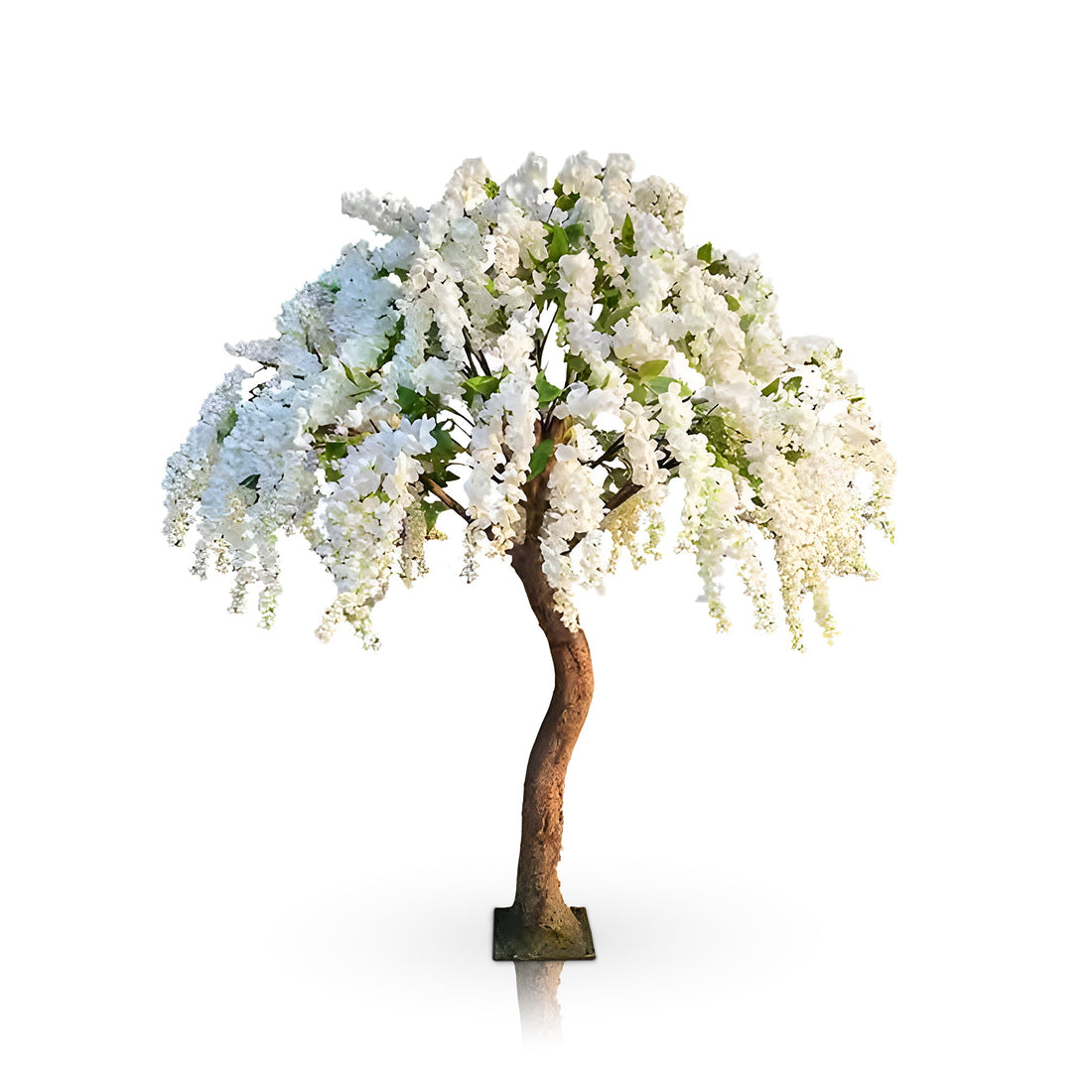 The Snow Cascade Wisteria by Landmark Decor is an artificial wisteria tree with cascading white flowers, reminiscent of white cherry blossoms, and a twisted brown trunk against a plain white background.